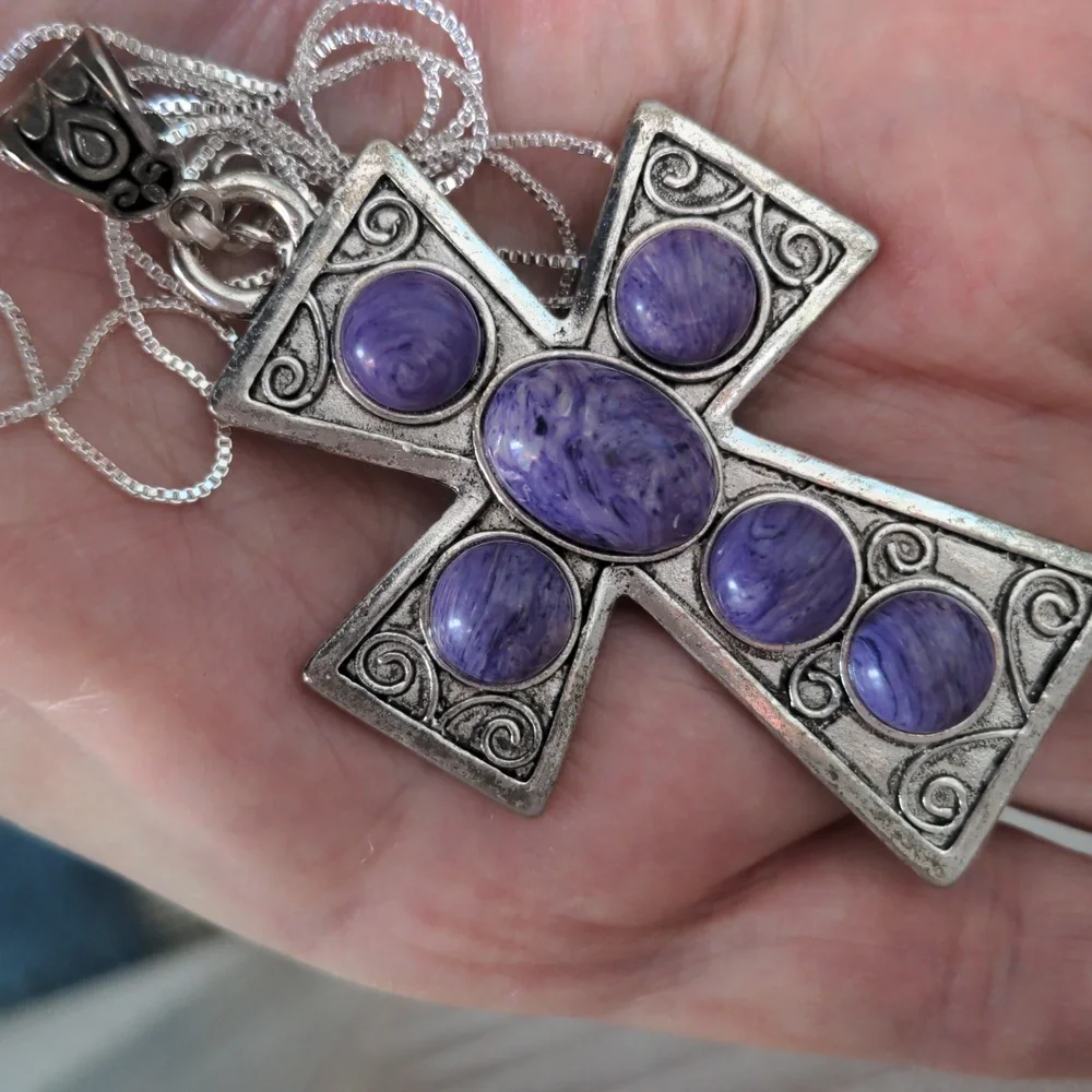 Purple Chariote  Sterling Silver Cross Pendant Necklace. New, Genuine Gems - Picture 3 of 10